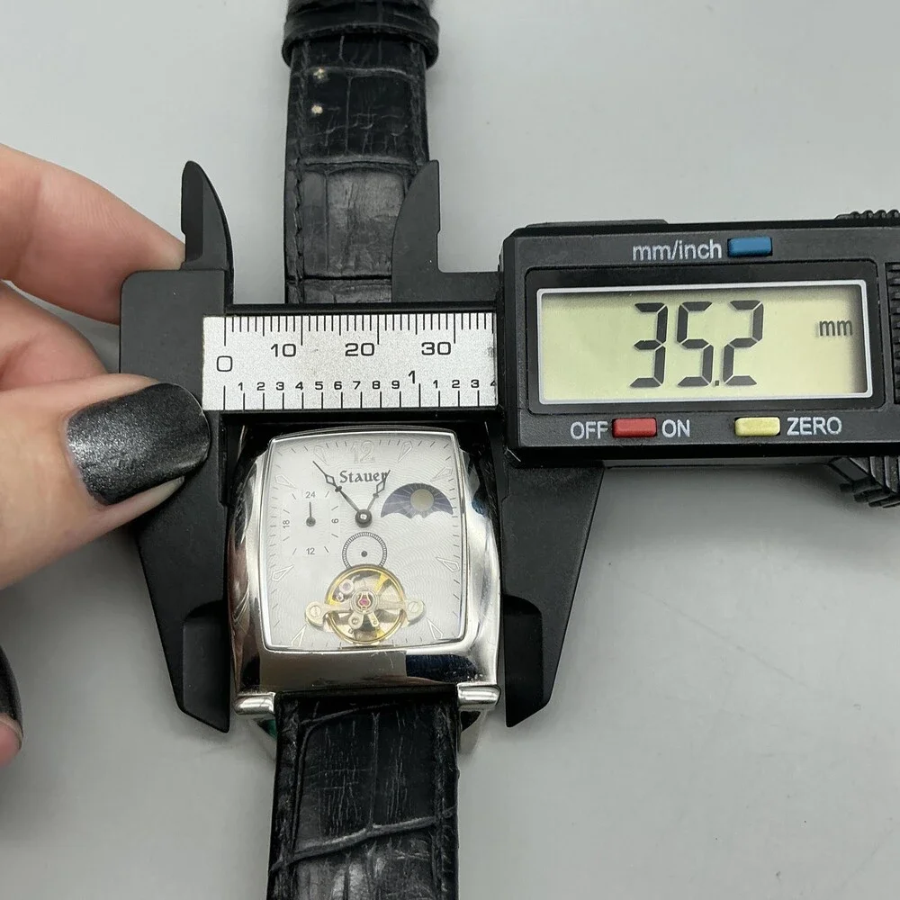 Stauer Mens Watch 35mm White Dial Black Leather Automatic Moon Phase For Parts